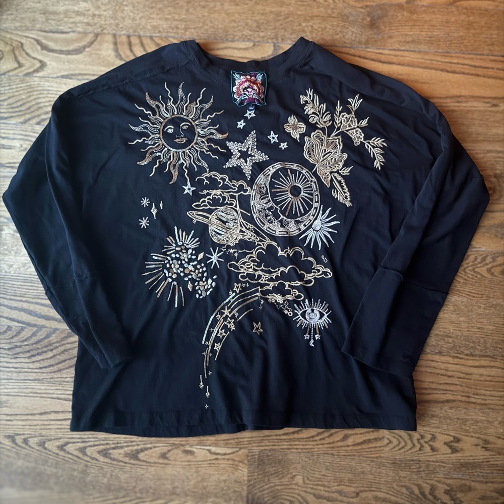 Johnny Was Black Dolman Long Sleeve Embroidered Graphic Tee